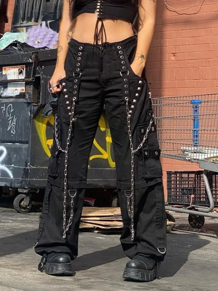 uforever21 CyberPunk Y2K Bandage Cargo Pants Chain Pockets Baggy Jeans Grunge Goth Black Sweatpants Women 90s Aesthetic Street Trousers Alt