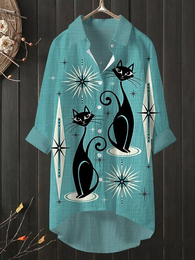 Casual Literary Cat Print Loose Blouse