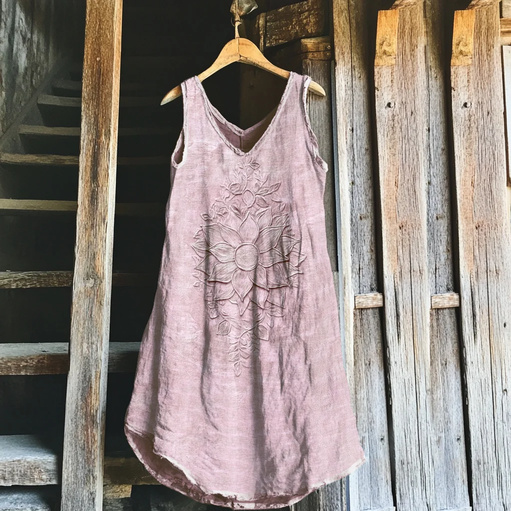 Vintage Flowers Art Pattern Linen Midi Dress