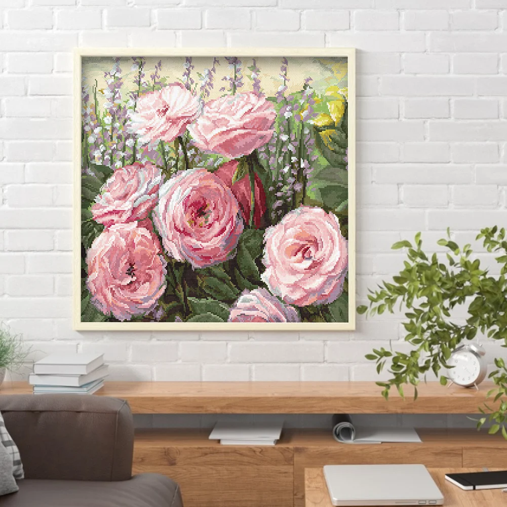 14CT Full Stamped Cross Stitch - Rose Flower(Canvas|48*48CM)
