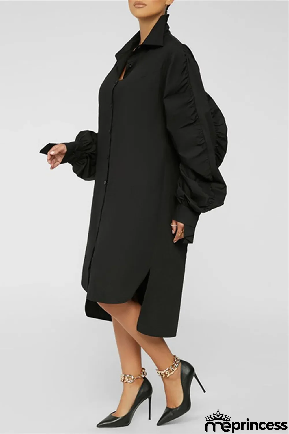 White Fashion Casual Solid Slit Turndown Collar Long Sleeve Shirt Dress