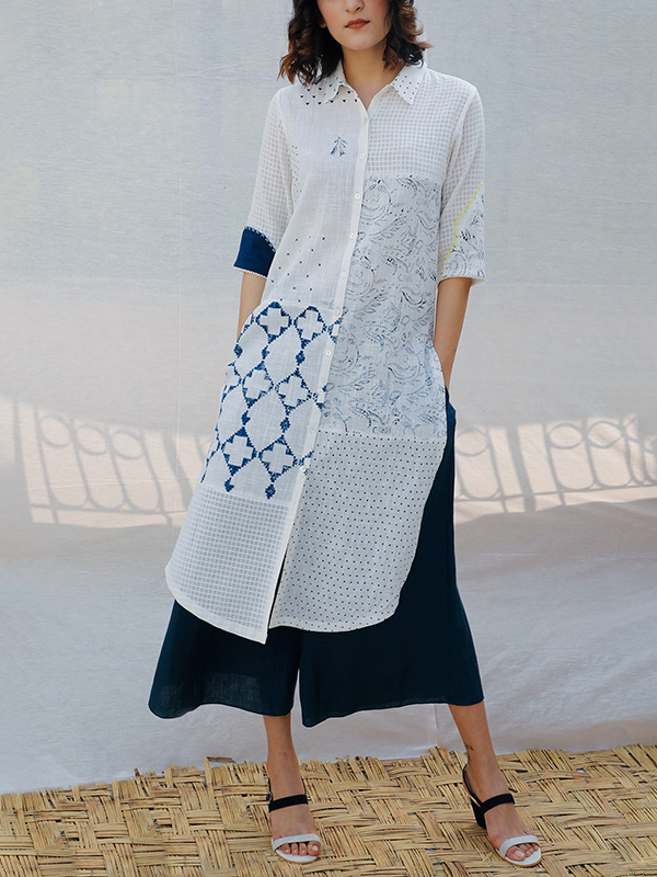 Printed Patchwork Front Open Loose Blouses