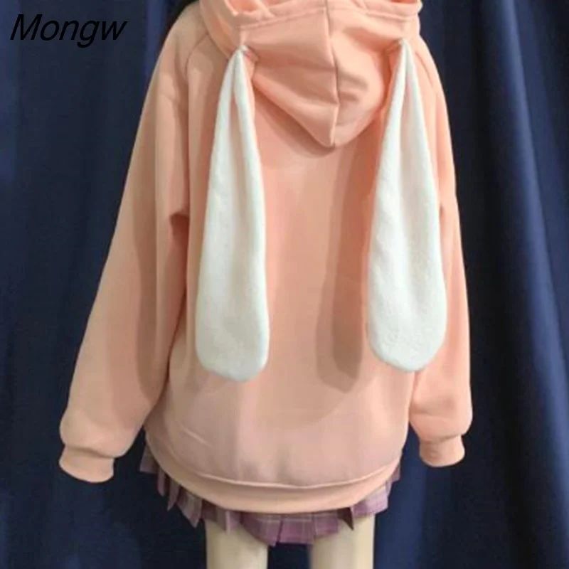 Mongw Winter Emo Bunny Hoodie Women Zip Up Kawaii Sweatshirt Rabbit Ears Jacket Black Girls Streetwear Japanese Loose Coats
