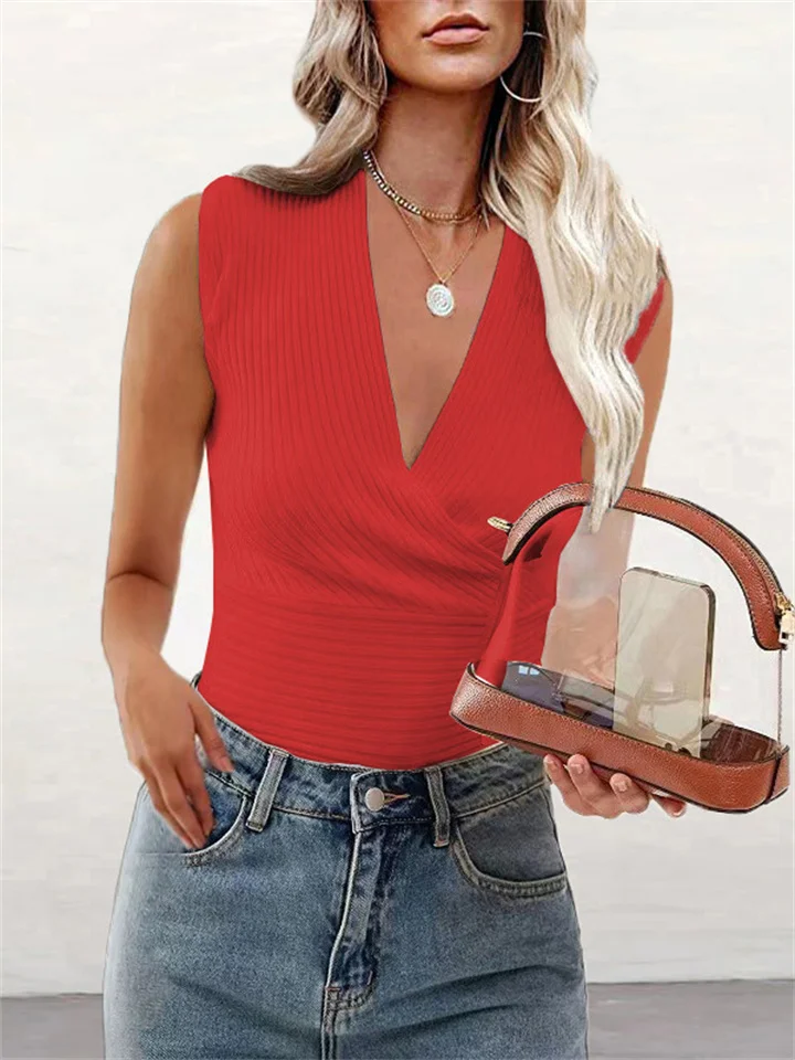 Summer Women's Solid Color V-neck Slim Knit Undershirt T-shirt Tops Women Red Black White Khaki S-3XL-Mixcun