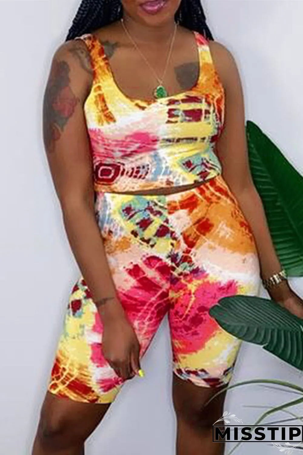 Colour Fashion Casual Tie Dye Printing U Neck Sleeveless Two Pieces