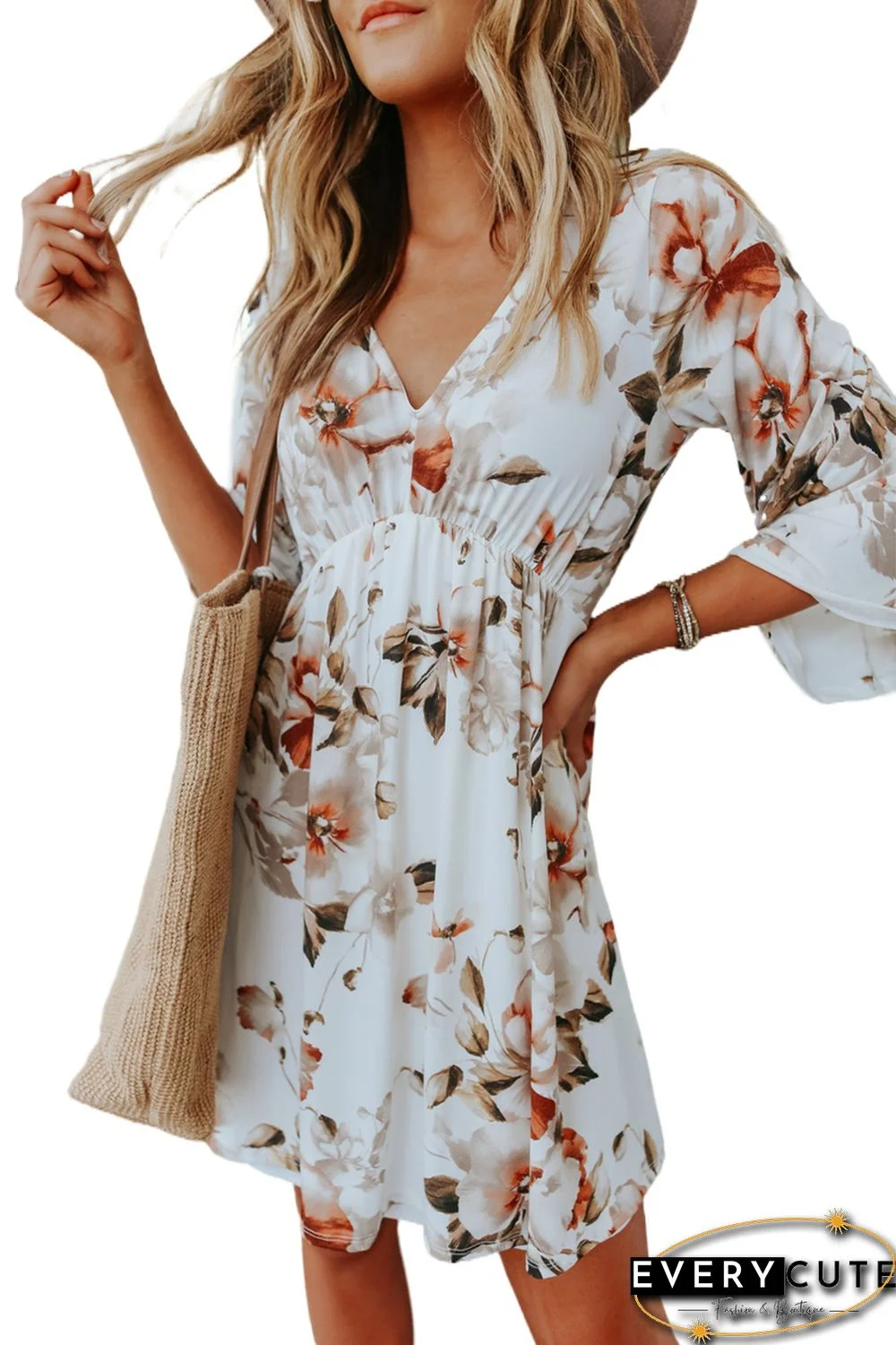 White V Neck 3/4 Sleeve Floral Dress