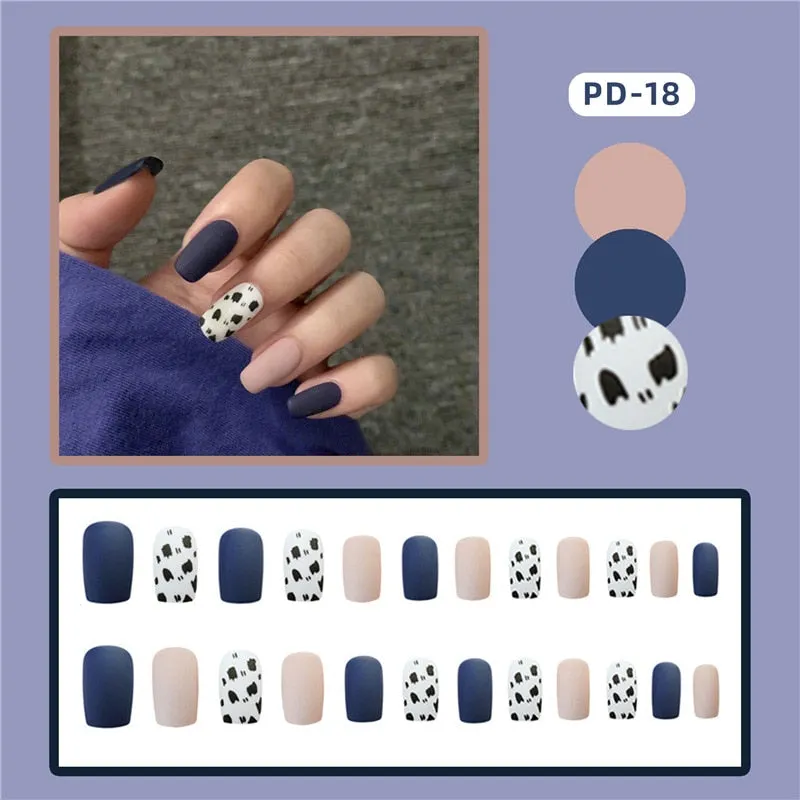 24pcs Leopard Theme Full Cover False Nail Tips Black Heart Line Transparent Stiletto French Fake Nails With Glue Detachable Tips-Nail Inspo