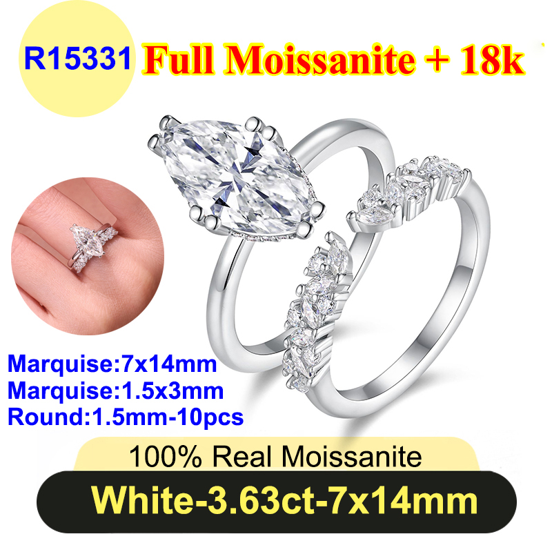 Full Moissanite 2/3ct Emerald Marquise Ring For Women 925 Silver Plate 18k D Color Women's Wedding Moissanite Diamond Ring Set