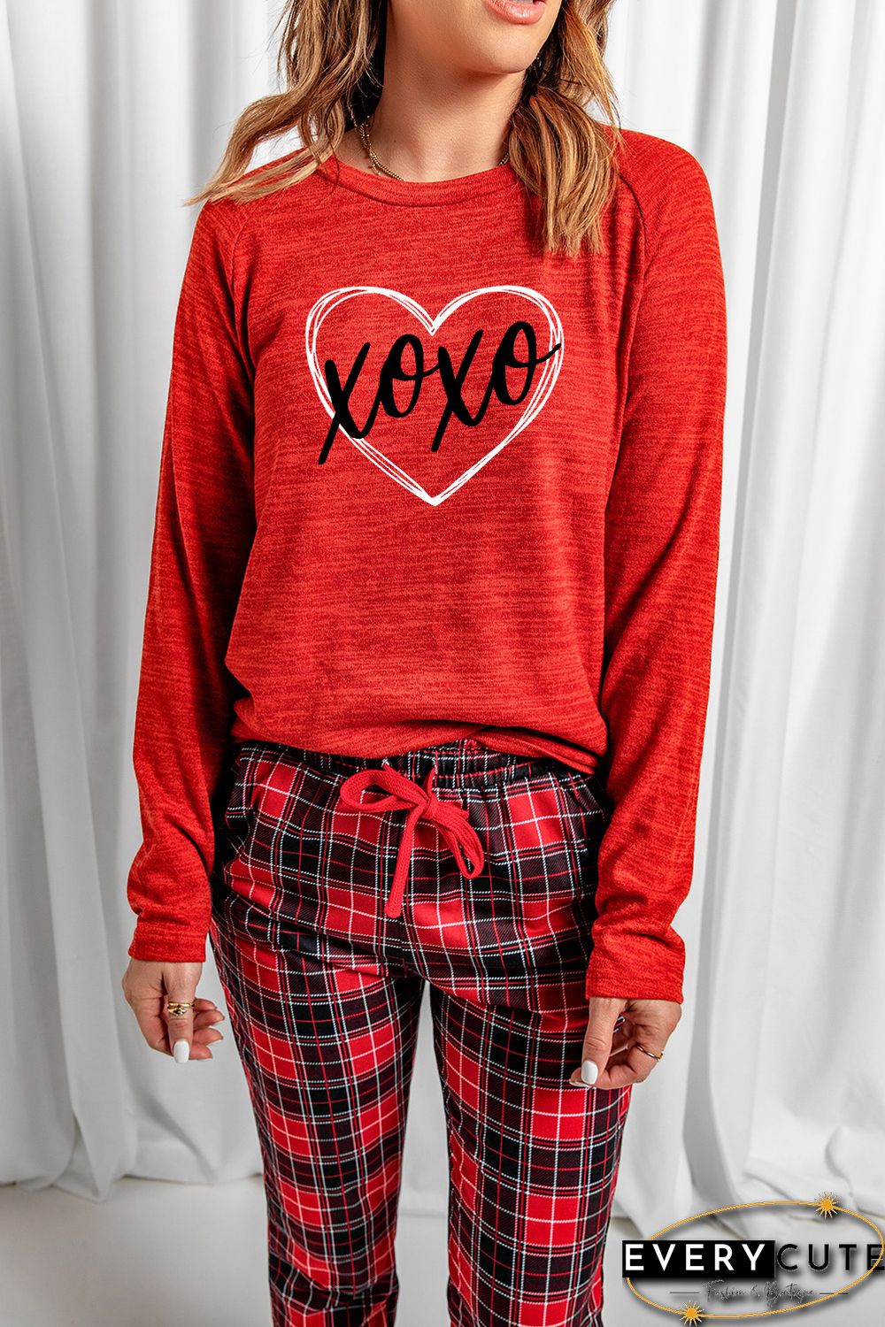 Red XOXO Heart Shaped Print Top and Plaid Pants Lounge Wear