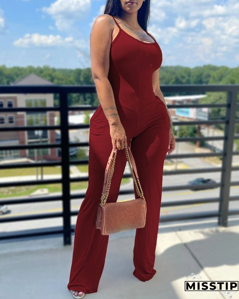 Printed Solid Color Straps Jumpsuit