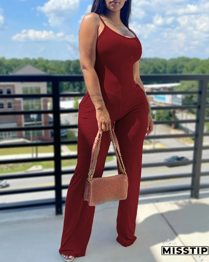 Printed Solid Color Straps Jumpsuit