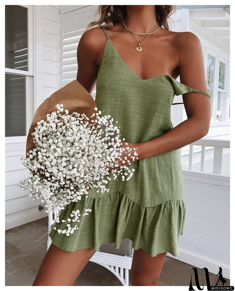 MidiSono - Loose Summer Dress Cotton Sexy White Halter V-neck Ruffled Women Casual Spaghetti Strap Mini beach clothes for women