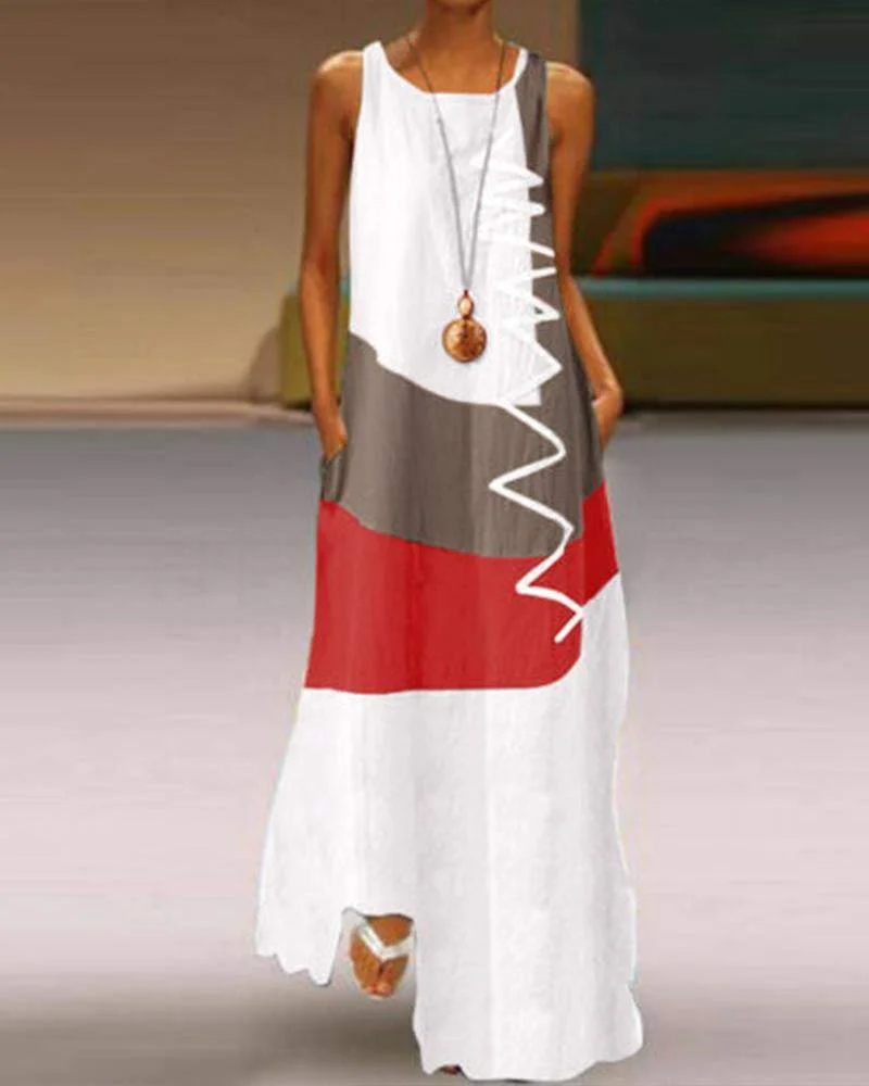 V-neck Sleeveless Retro Contrast Print Dress