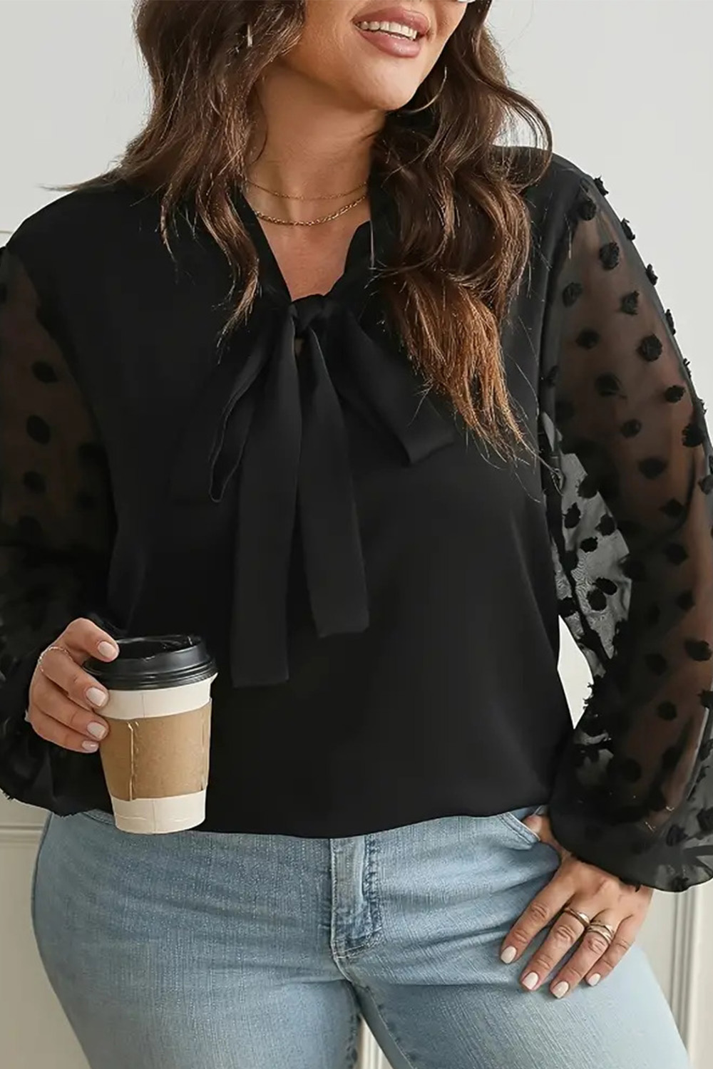 Plus Size Everyday Black Mesh Swiss Dot Long Sleeve Lace-Up Blouse