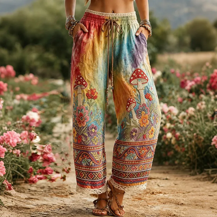 Women's Hippie Mushroom Embroidered Gradient Patchwork Linen Casual Pants