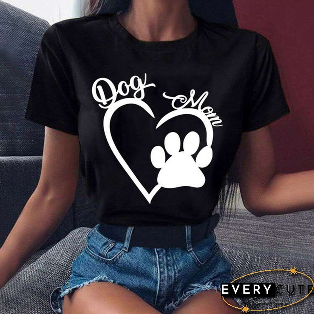 Cool Dog Mom And Heart Print T-shirt For Women Summer Fashion Casual T-shirts Short Sleeve Creative Personalized Tops