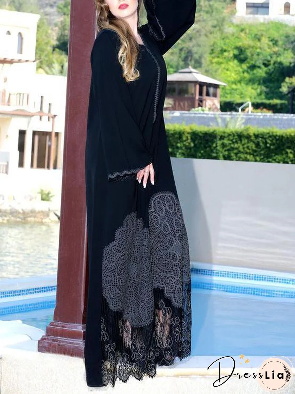 Long Sleeve Women Black Lace Bottom Full-Length Dress