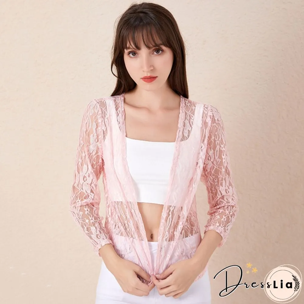 Womens Fashion Lace Cardigans Long Sleeves Solid Color Slim Fit Coat Casual Trench Outwear