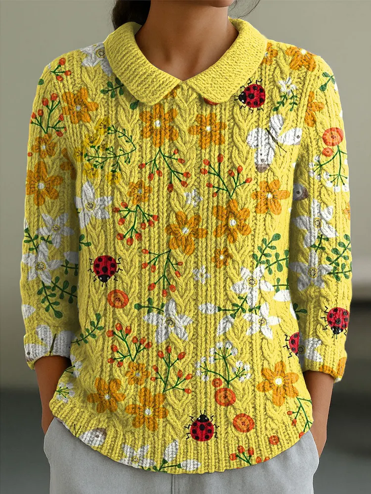 Women's Vintage Floral Yellow Flowers Art Print Casual Peter Pan Collar 3/4 Sleeve Sweater