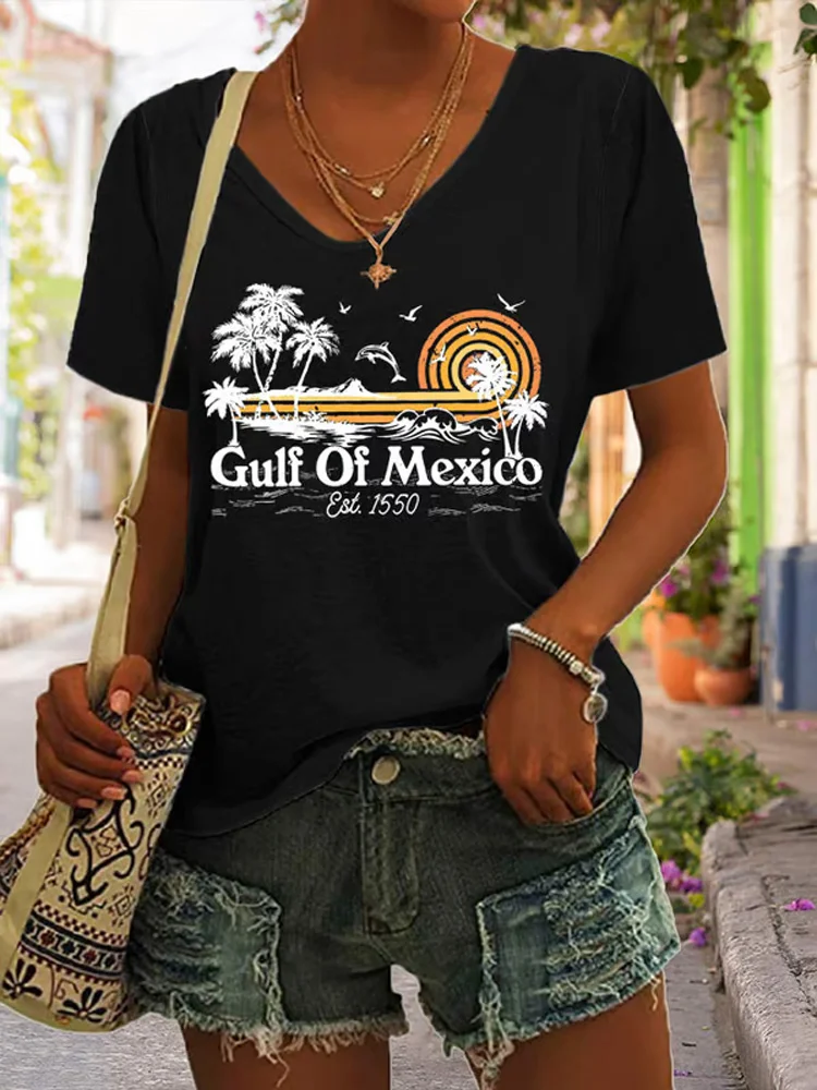 VChics Women's Gulf Of Mexico Print V Neck Casual T-shirt-1