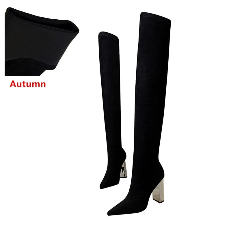 2020 Women over the knee Boots Slip on Autumn Winter Shoes Thick heeled Elastic Suede Thigh high boots High heels Warm Long boot