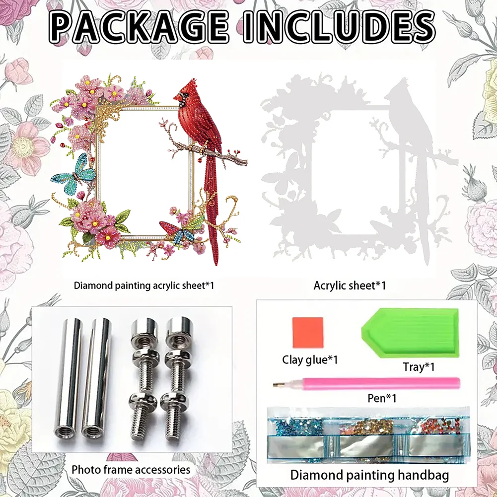 5D DIY Cardinal and Flower Acrylic Special Shape Diamond Painting Picture Frame