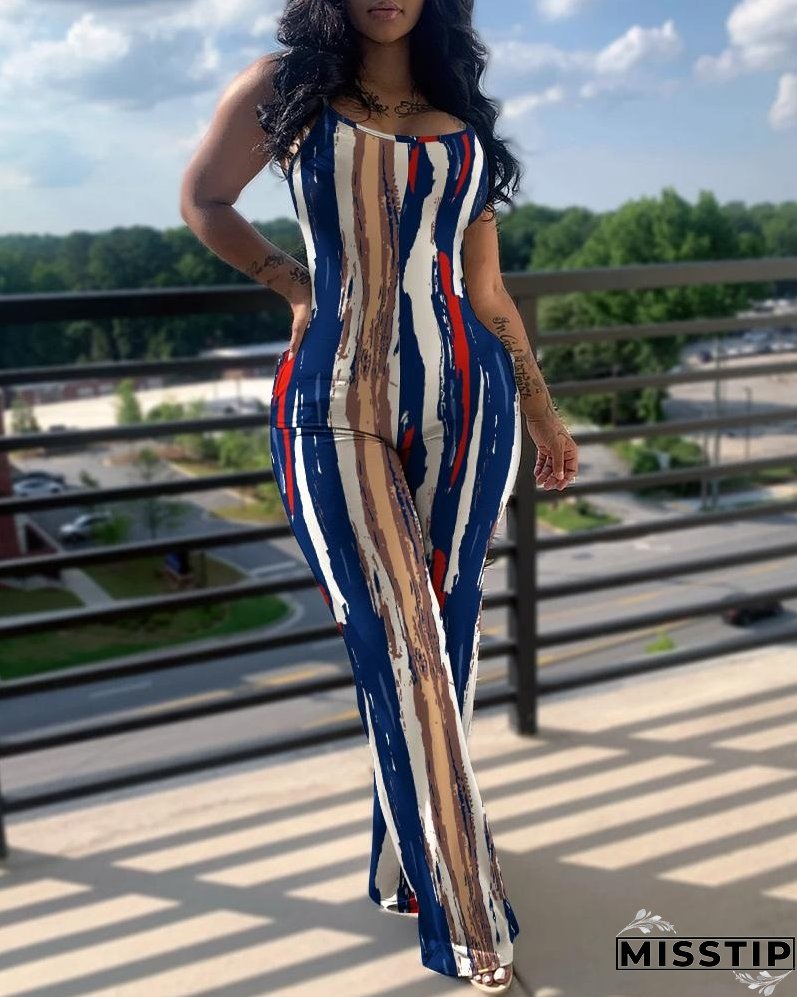 Printed Solid Color Straps Jumpsuit