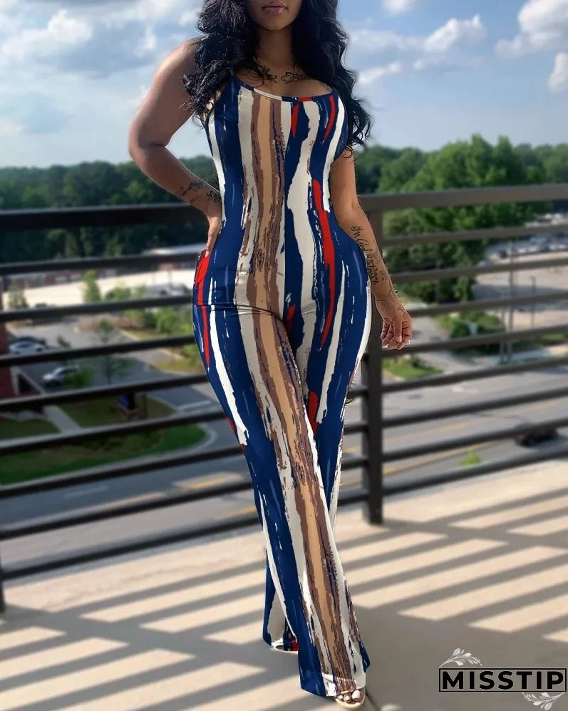 Printed Solid Color Straps Jumpsuit