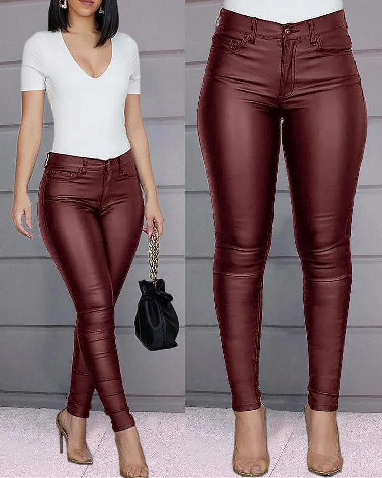 Solid Buttoned Casual Coated PU Pants P1237906905