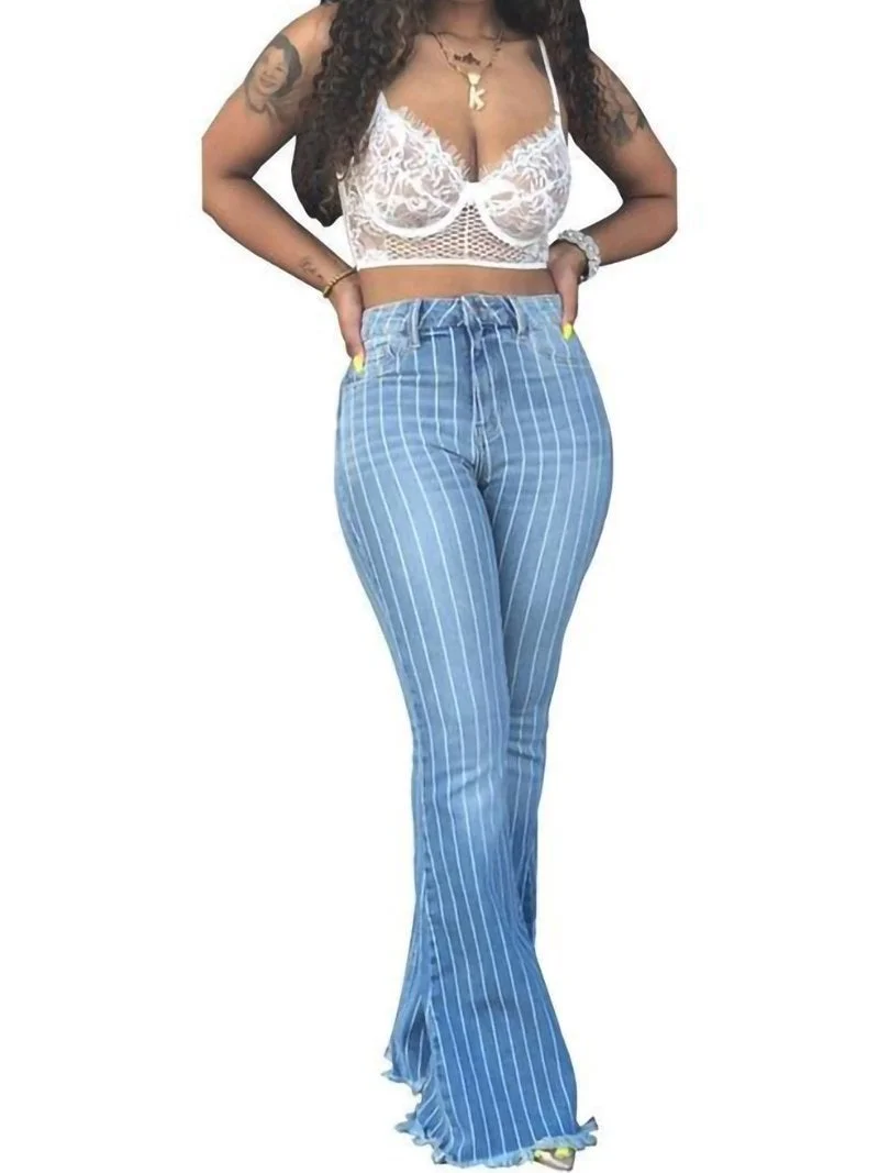 Trendy Wide-leg High-rise Striped Flared Jeans