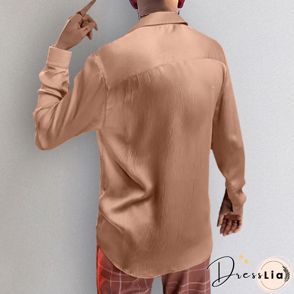 Fashion Men Long Sleeve Silky Shirts Bow Flounce Dance Loose Blouse Tee Tops
