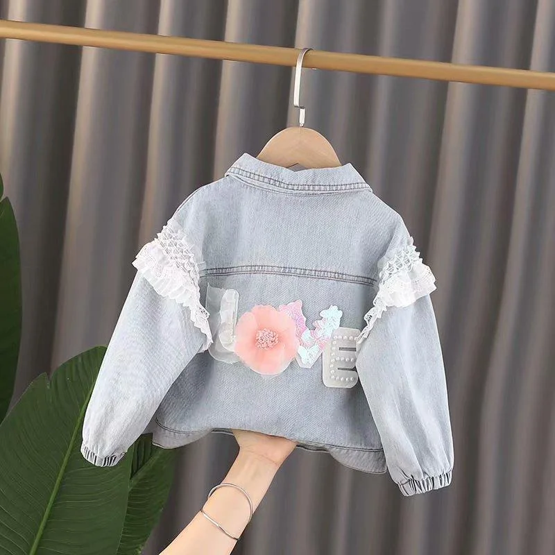 1-3 Year New Children's Denim Spring AutumnJackets Girl flower Jean Jackets Girls Kids Clothing Baby Lace Coat Casual outerwear