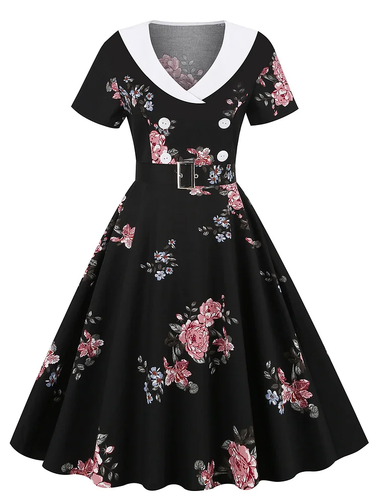 Black 1950s Flowers Lapel Swing Dress