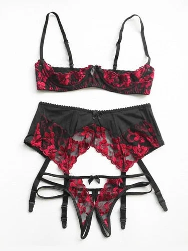 Lovers' Underwear Lace Seductive Women Hollow Out Chest Ultra-thin Underwire Bra Panty Garter Lingerie Set Intimate Clothes