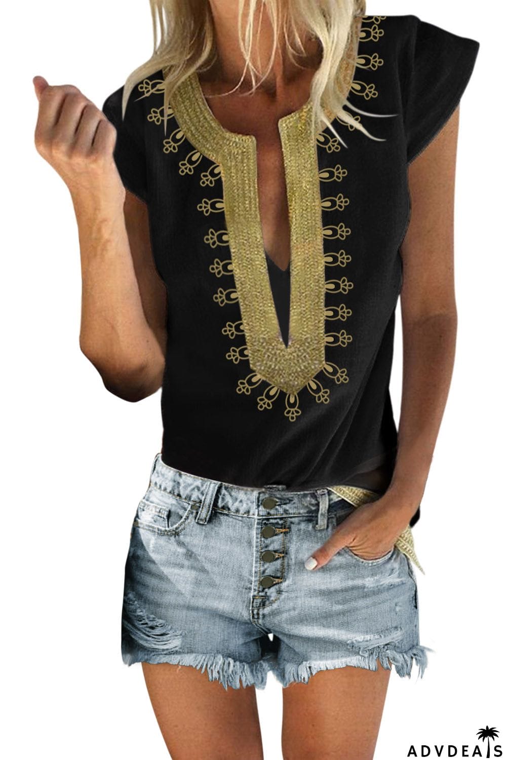 Black Short Sleeve Boho Printed Neck Shift Blouse