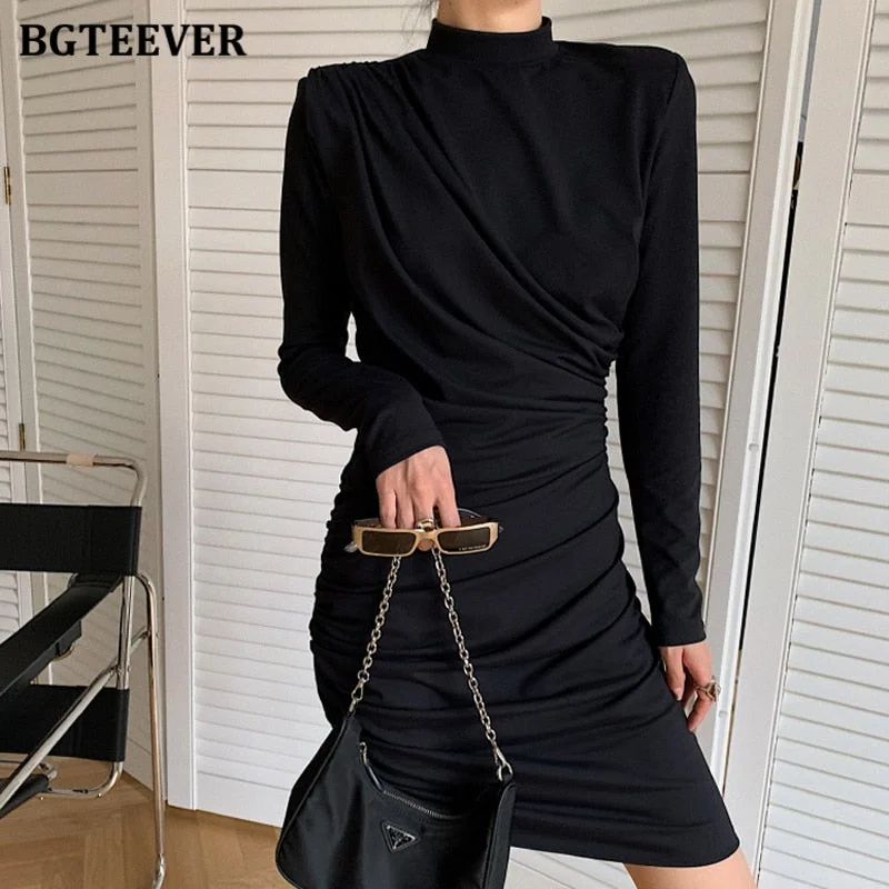 BGTEEVER Elegant Stand Collar Women Pencil Dress OL Style Full Sleeve Slim Waist Female Package Hip Mini Dress Summer Vestidos