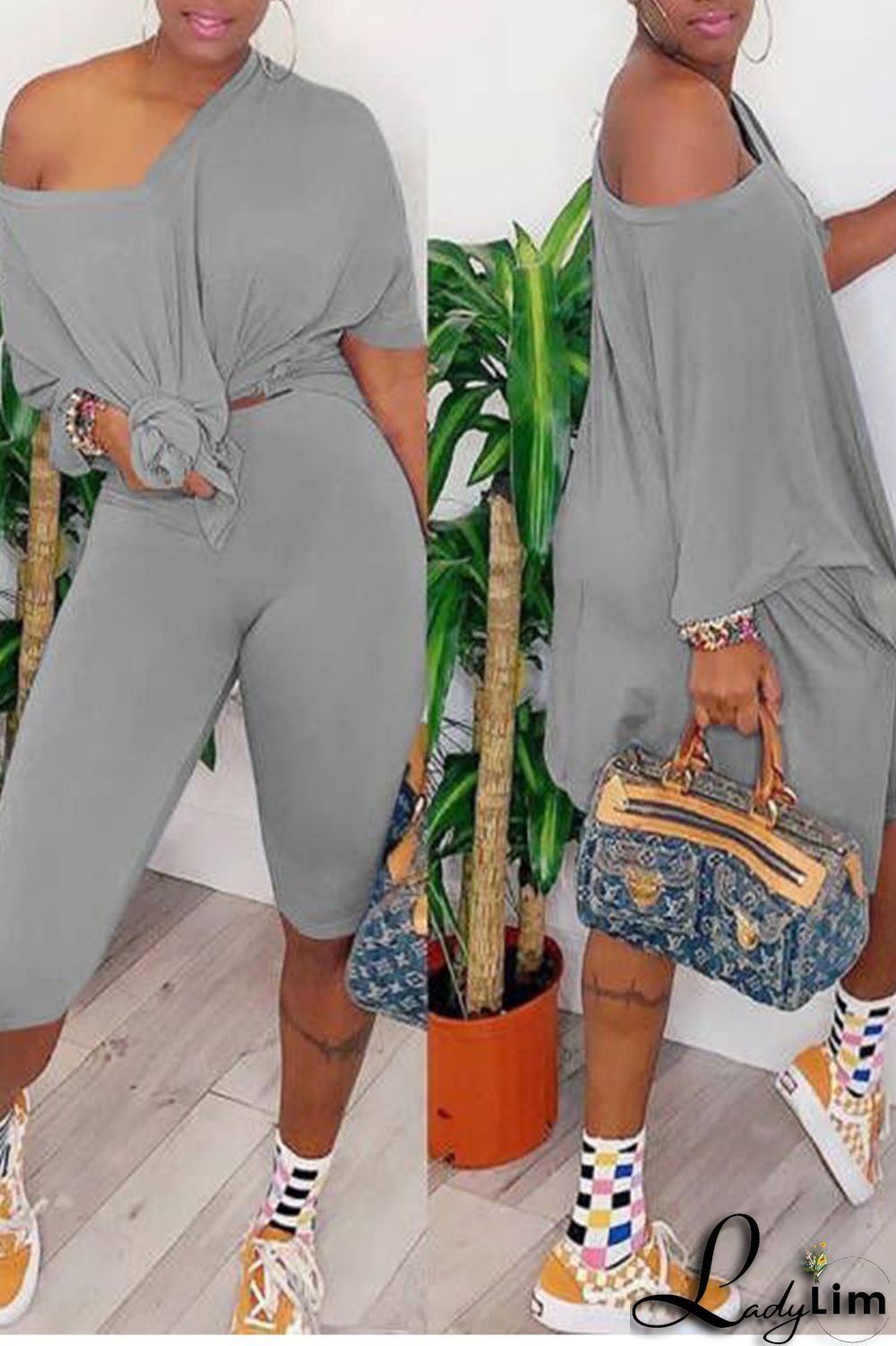 Grey Casual Solid Split Joint V Neck Short Sleeve Two Pieces