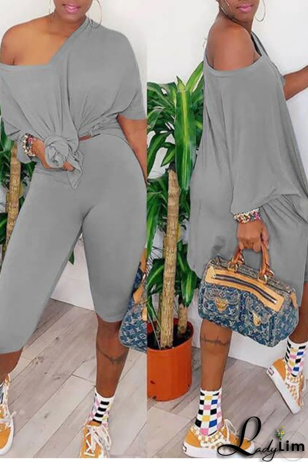 Grey Casual Solid Split Joint V Neck Short Sleeve Two Pieces