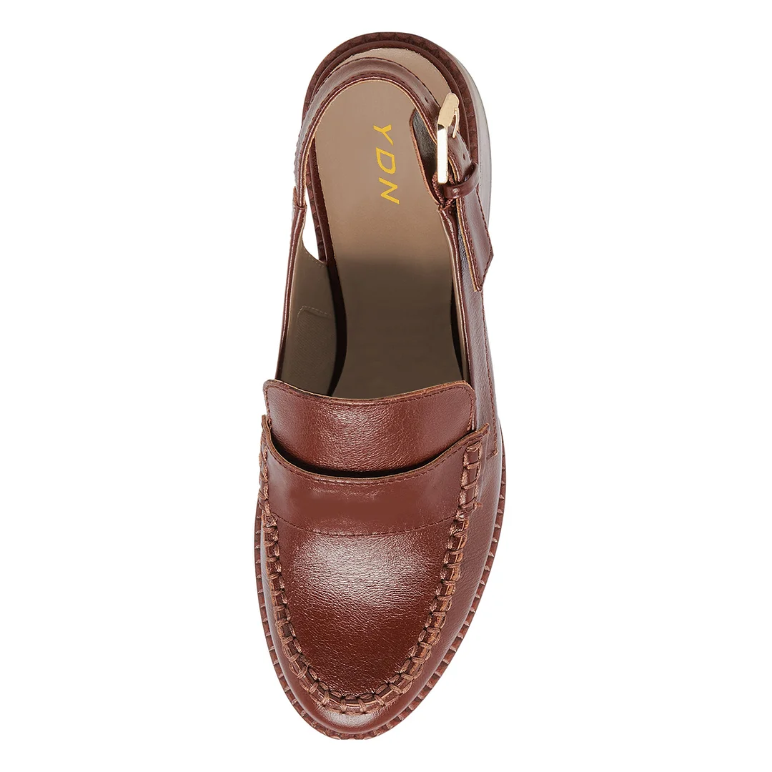 Women's Brown Vegan Leather Round Toe Stitched Slingback Loafers 