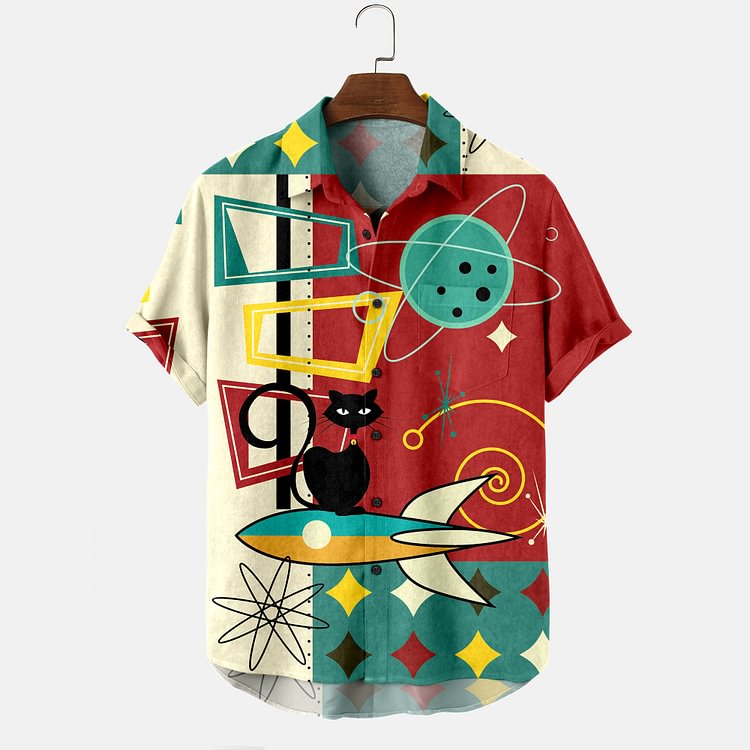Men's Cosmic Cat Print Casual Shirt