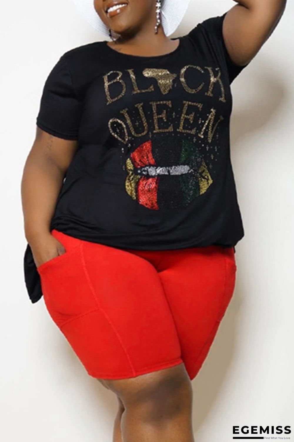 Black Fashion Casual Hot Drilling Patchwork O Neck Plus Size Two Pieces | EGEMISS