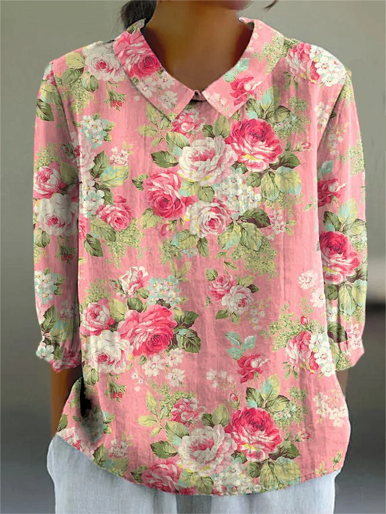 Women's Vintage Floral Art Print Casual Cotton And Linen 3/4 Sleeve Shirt