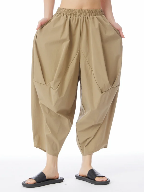 Split-Joint Solid Color Pleated Elasticity Wide Leg Ninth Pants Pants Cropped Trousers