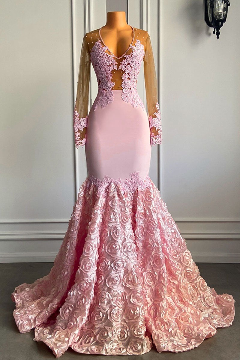 Bellasprom Pink Long Sleeves Prom Dress Mermaid Lace Appliques With Flowers Bellasprom