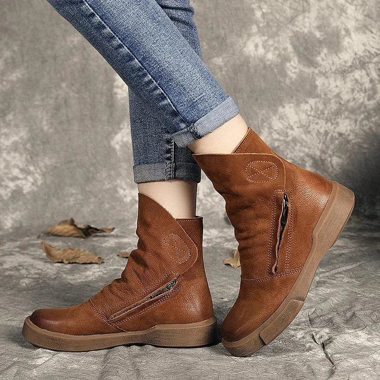 Chocolate zippered Casual  Boots Cowhide Leather