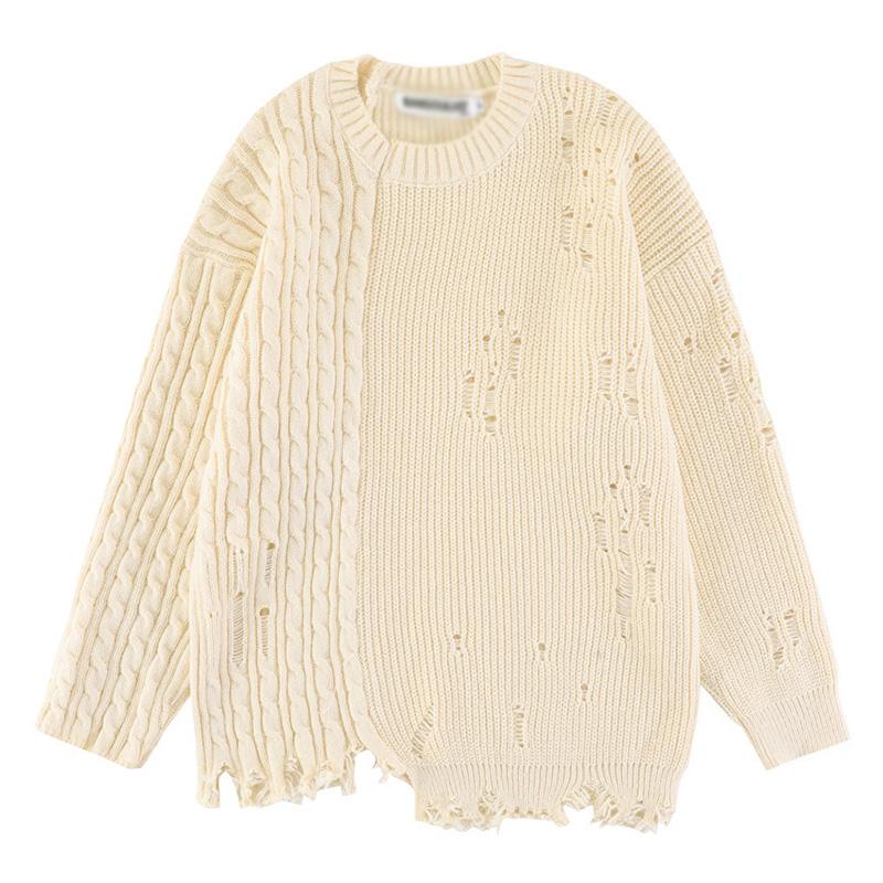 Men's Casual Round Neck Patchwork Ripped Pullover Sweater 36564161M