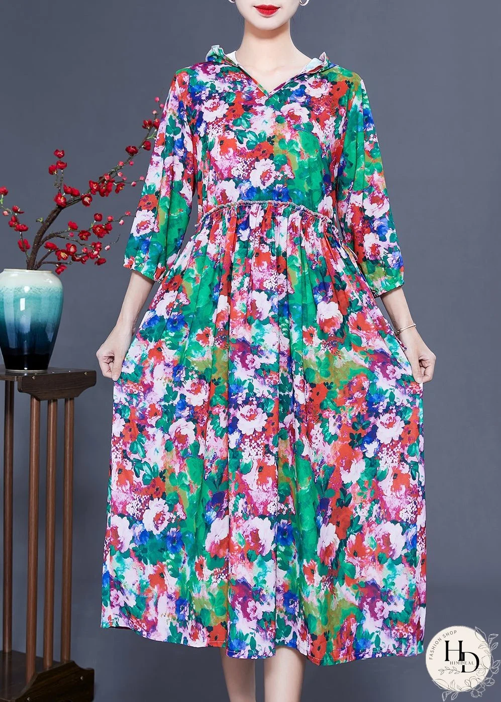 Women Slim Fit Hooded Ruffled Print Silk Long Dresses Summer