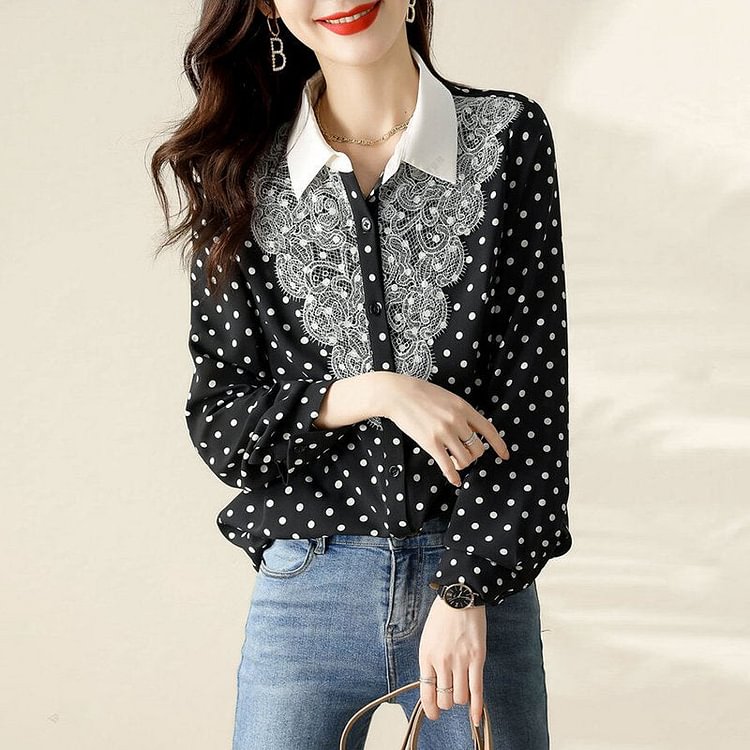 Black Long Sleeve Polka Dots Shirts & Tops