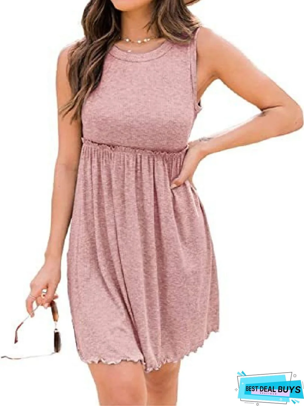 Round Neck Knit High Waist Pleated Vest Dress