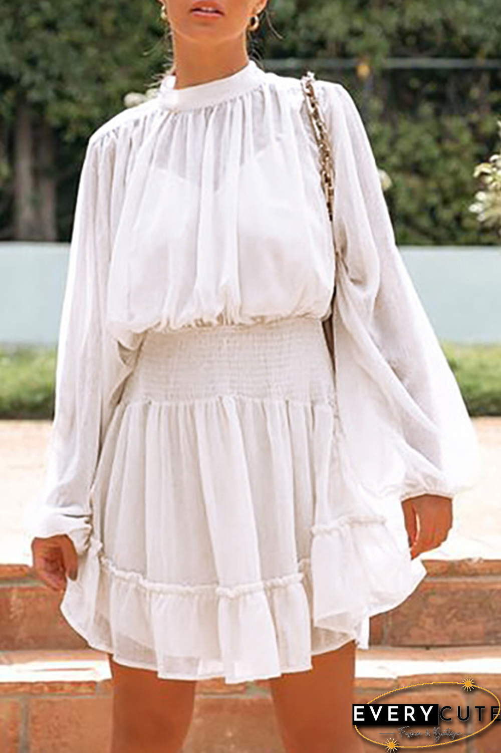 Fashion Casual Solid Flounce Fold Half A Turtleneck Waist Skirt Dresses